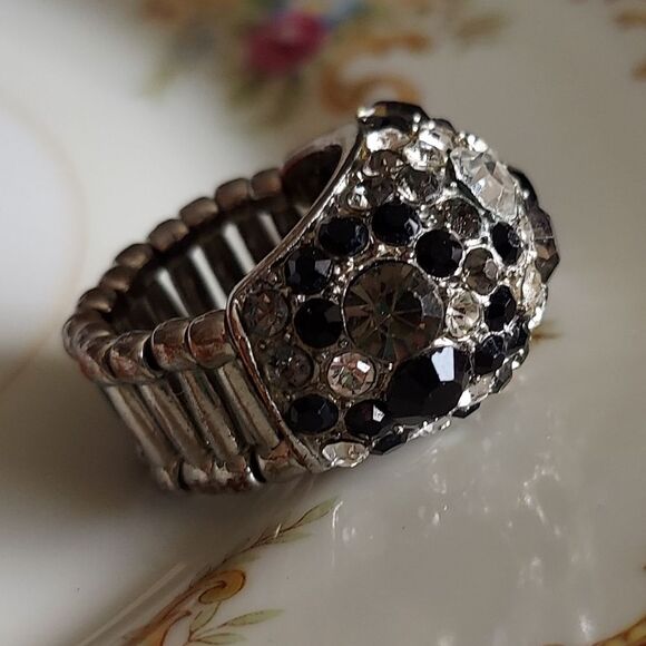 Vintage Black, Grey, White/Clear Rhinestone Statement Ring - Adjustable Band - Picture 8 of 12